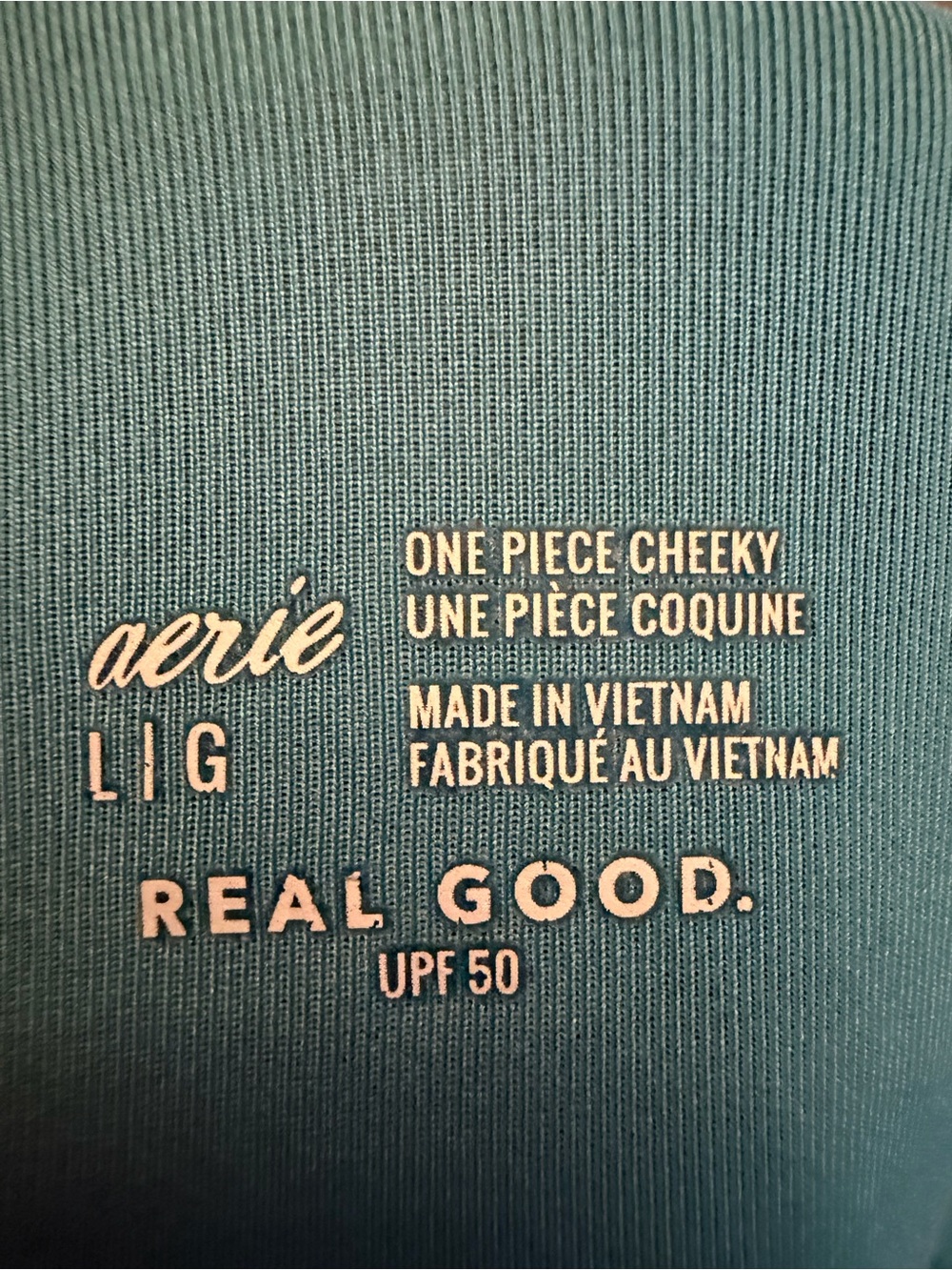 Aerie Real Good One Piece Cheeky Swimsuit Teal Blue Textured UPF 50 Size L - Picture 4 of 4